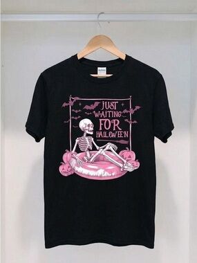 Pink Skeleton Just Waiting For Halloween Graphic T-Shirt Spooky Tee